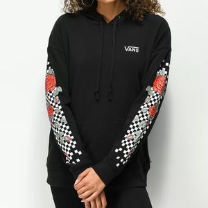 Vans Rose Checkerboard Sleeve Black Hoodie Size L